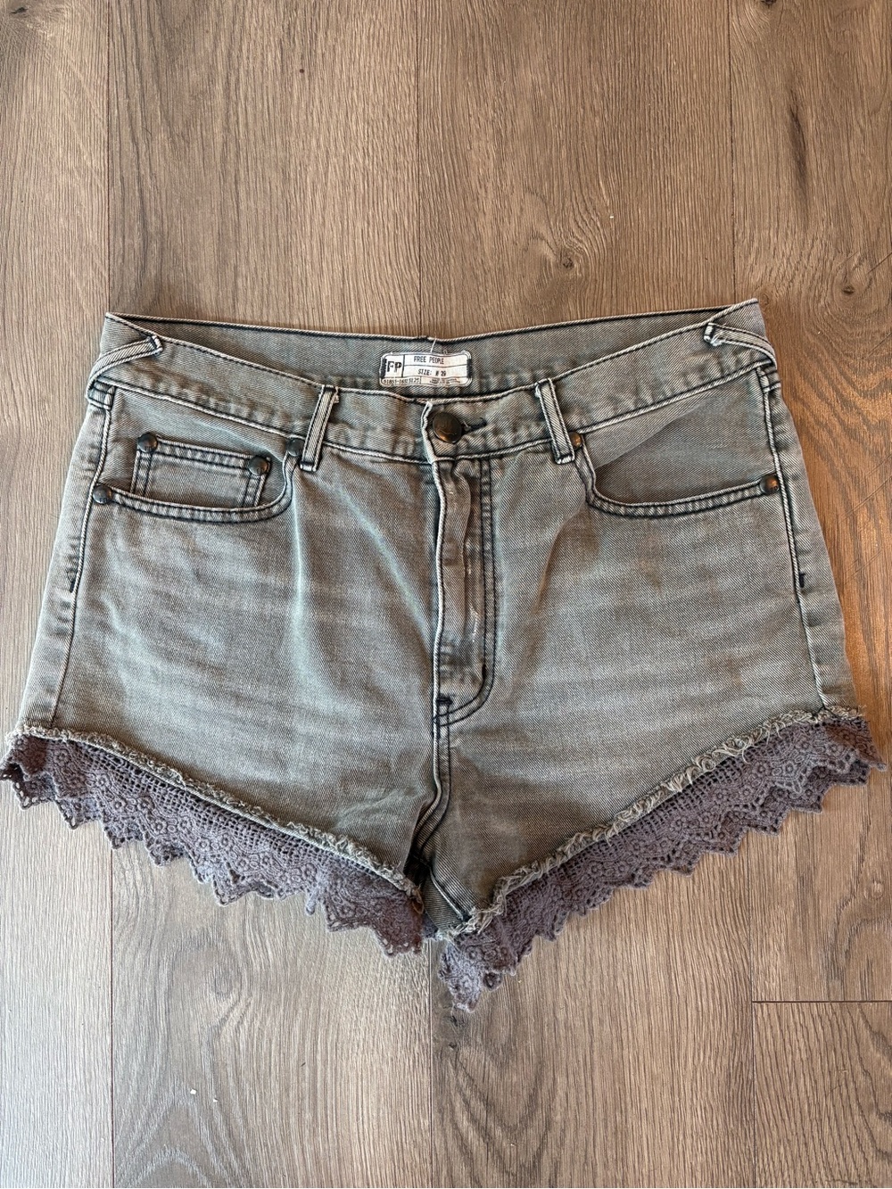 Free People Gray Denim Lace-Hem High-Rise Shorts
